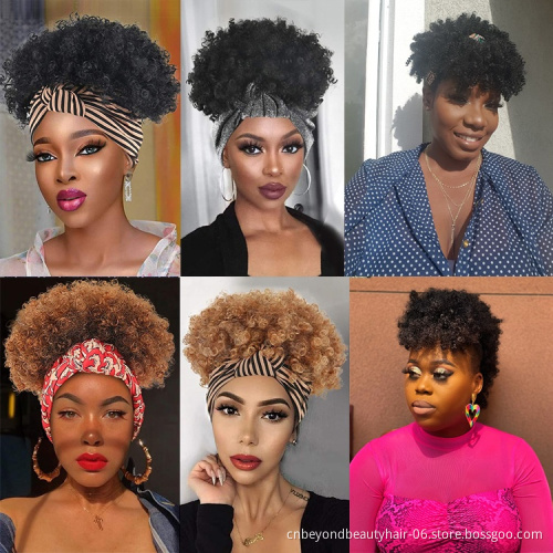 Afro Kinky Curly Hair Banged Headband Wig Short Kinky Curly Headband Wig Afro Puff Head-Wrap Wigs